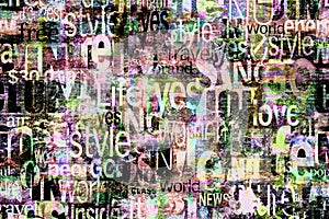 Abstract grunge urban bright colors chaotic words, letters background