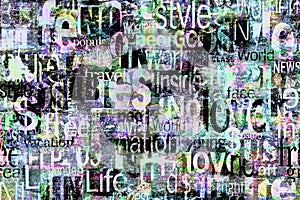 Abstract grunge urban bright colors chaotic words letters background