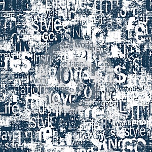 Abstract grunge urban geometric chaotic seamless pattern with words, letters