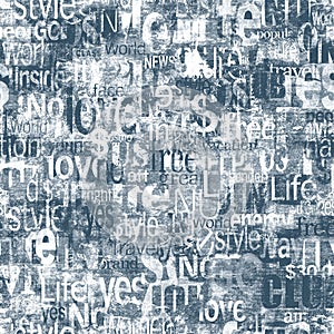 Abstract grunge urban geometric chaotic seamless pattern with words, letters