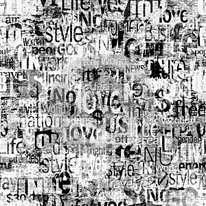 Abstract grunge urban geometric chaotic seamless pattern with words, letters