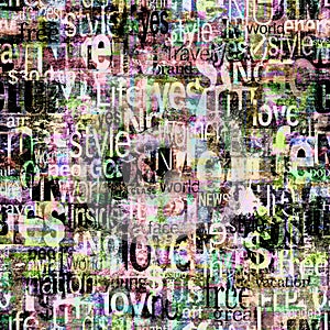 Abstract grunge urban geometric chaotic seamless pattern with words, letters