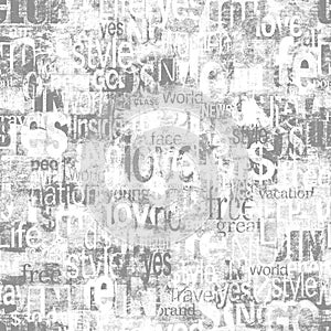 Abstract grunge urban geometric chaotic seamless pattern with words, letters