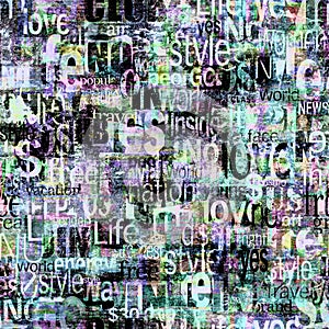 Abstract grunge urban geometric chaotic seamless pattern with words, letters