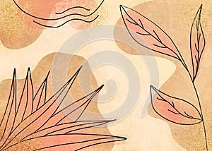 Abstract grunge watercolor background in pink and earth tones with gold glitter in line art style. Luxury wallpaper with flowers