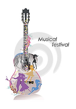 Abstract guitar decorated with dancing couple decorated with splashes, waves, notes.