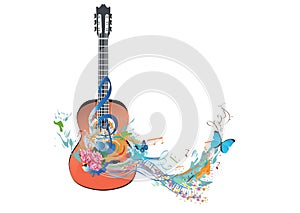 Abstract guitar decorated with summer and spring flowers, palm leaves, notes, birds.