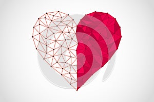 Abstract half full half empty heart icon from lines and triangles, point connecting network on white background, vector