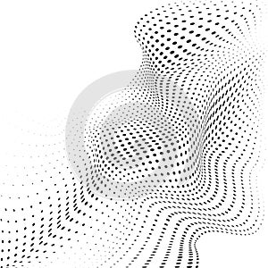 Abstract halftone background with dynamic waves. Halftone design element motion effect. Warp dots surface. Vector illustration