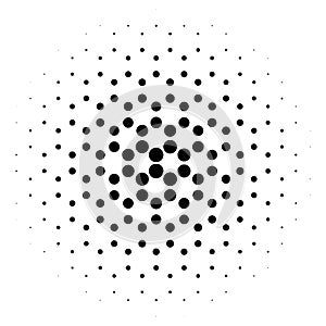 Abstract halftone circle of dots in radial hexagonal. Black and white vector illustration element