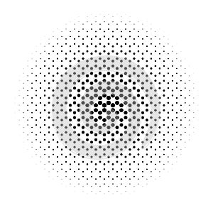 Abstract halftone circle of dots in radial hexagonal. Black and white vector illustration element