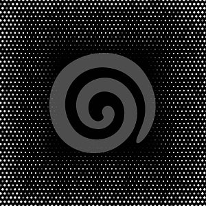 Abstract halftone circular background. Silver, chrome dot pattern on black square background. Bright vintage wallpaper