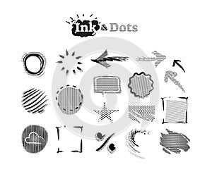 Abstract halftone dots graphic design elements collection with ink scribble accents. photo