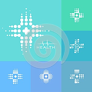 Abstract halftone medical cross icon, modern design, new medical technology, pharmacy logo, science laboratory eqipment