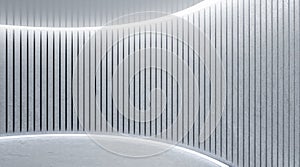 Abstract hall area with stylish slatted illuminated wall with copyspace, glossy top and concrete floor, product resentation