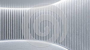 Abstract hall area with stylish slatted illuminated wall with copyspace, glossy top and concrete floor, product resentation photo