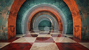 Abstract hallway with arches and checkered floor, creating a surreal and dreamlike atmosphere