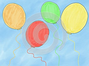 Abstract hand draw doodle colorfull of red, green, yellow, brown balloons on blue background, illustration, copy space for text, w