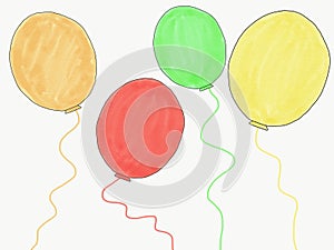 Abstract hand draw doodle colorfull of red, green, yellow, brown balloons isolated, illustration, copy space for text, watercolor