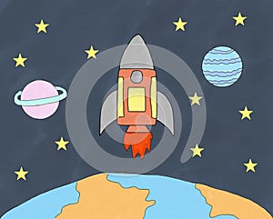 Abstract hand draw doodle rocket in space world with star on paper canvas, illustration for children book, watercolor paint style,