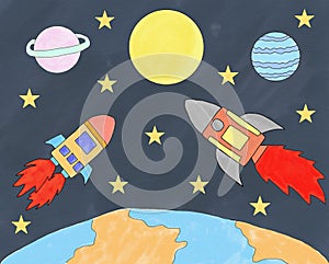 Abstract hand draw doodle rocket in space world with star on paper canvas, illustration for children book, watercolor paint style,