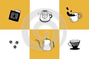 Coffee icon vector hand drawn set with doodle cafe illustrations and espresso tools.
