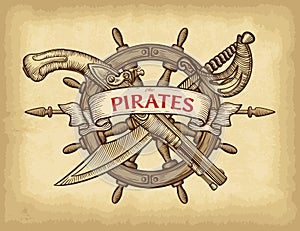 Abstract hand drawn anchor, sabre, ship wheel, pistol and ribbon banner. Old craft paper texture background.