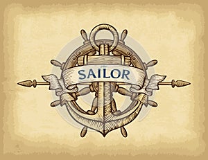 Abstract hand drawn anchor, ship wheel and ribbon banner. Old paper texture background.