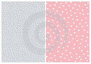 Abstract Hand Drawn Childish Vector Pattern Set. White Polka Dots and Short Brush Lines.
