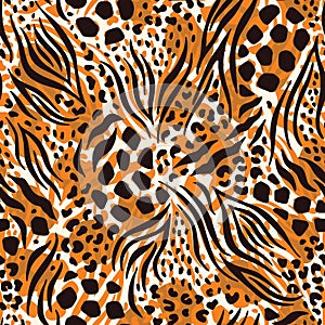 Abstract Hand Drawn Combined Animal Skin Vector Seamless Pattern. Beige, Orange, Brown Fur. Trendy Fashion Print