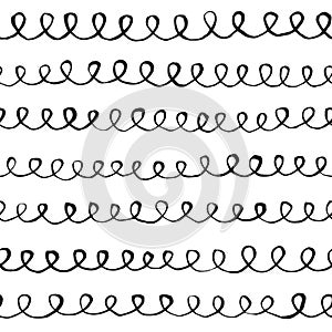 Abstract hand drawn curved paint lines seamless vector pattern white and black