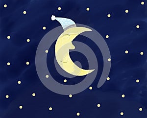Abstract hand drawn doodle moon smile and put a hat on night sky with stars background, illustration, copy space for text, waterco