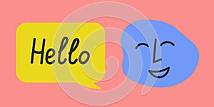 Abstract hand drawn face with happy expression and emotion. Speech bubble with word Hello. Colorful vector sticker