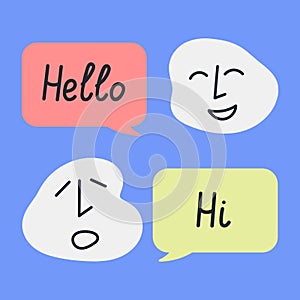 Abstract hand drawn faces with smiling expression and emotion. Speech bubble with words Hello and Hi
