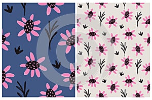 Abstract Hand Drawn Garden with Pink FLowers. Floral Seamless Vector Patterns.