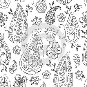 Abstract hand drawn outline doodle ornament seamless pattern with flowers and paisley . Coloring book for adult and