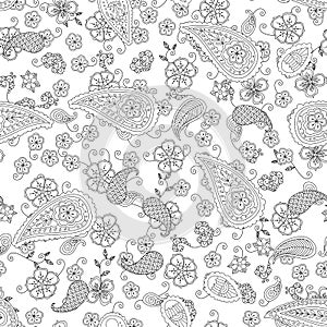 Abstract hand drawn outline doodle ornament seamless pattern with flowers and paisley isolated on white background