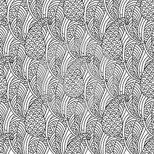 Abstract hand drawn outline doodle ornament seamless pattern with flowers and paisley isolated on white background