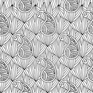 Abstract hand drawn outline doodle ornament seamless pattern with flowers and paisley isolated on white background