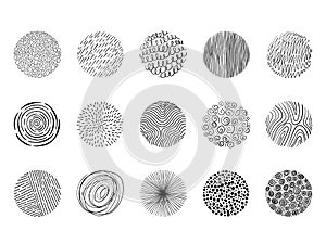 Abstract hand drawn scribble shapes. Minimalist circle background with doodle pattern, spiral hatching lines and curl