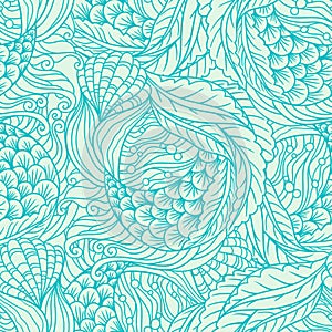 Abstract hand drawn sea flora seamless pattern,  decorative waves vector background
