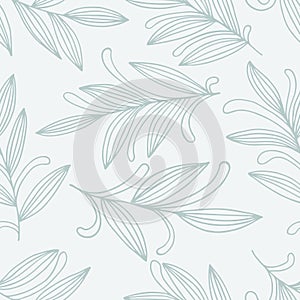 Abstract hand drawn seamless pattern of floral ornament leaves, branches, curls, flowing lines. Decorative blue vector