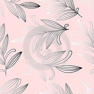 Abstract hand drawn seamless pattern of floral ornament leaves, branches, curls, flowing lines. Decorative pink vector