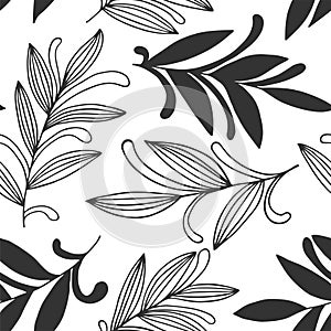 Abstract hand drawn seamless pattern of floral ornament leaves, branches, curls, flowing lines. Decorative vector illustration for