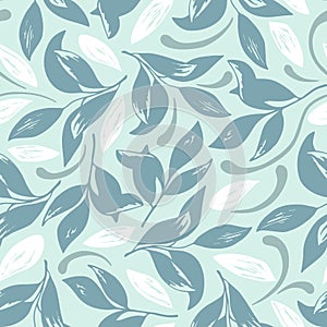 Abstract hand drawn seamless pattern of gentle leaves, branches, curls, flowing lines. Decorative blue floral vector illustration