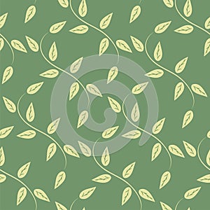 Abstract hand drawn seamless pattern of green leaves, branches, curls, flowing lines. Decorative floral vector illustration for