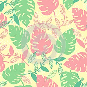 Abstract hand drawn seamless pattern of palm leaves, branches, curls, flowing lines. Colorful decorative floral doodle sketch