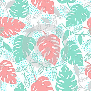 Abstract hand drawn seamless pattern of palm leaves, branches, curls, flowing lines. Colorful decorative floral doodle sketch