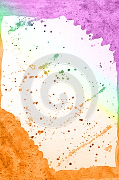 Abstract hand drawn violet green yellow orange watercolor background, raster illustration