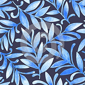 Abstract hand drawn watercolor seamless pattern of blue leaves, branches, curls, flowing lines. Floral illustration for greeting